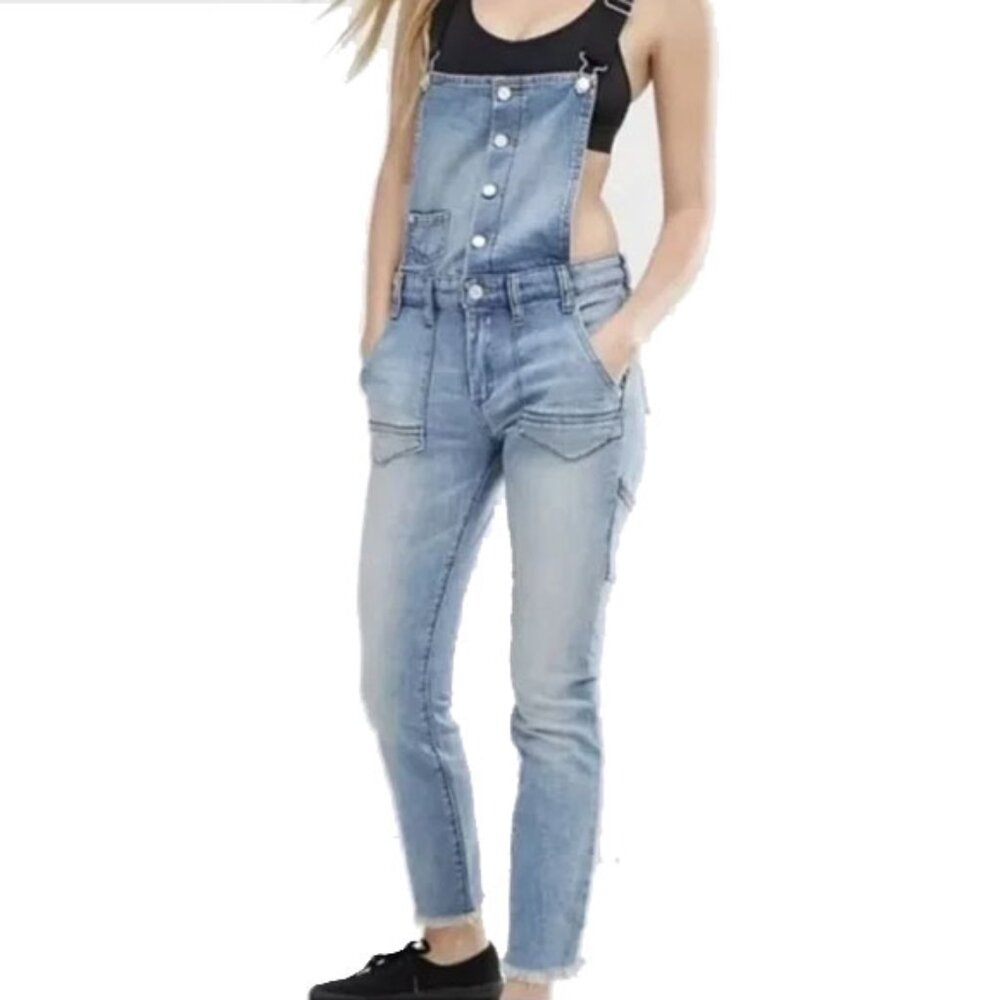 Blank NYC Skinny Dipper Frayed Jeans Denim Overalls 29 Blue Black Suspenders